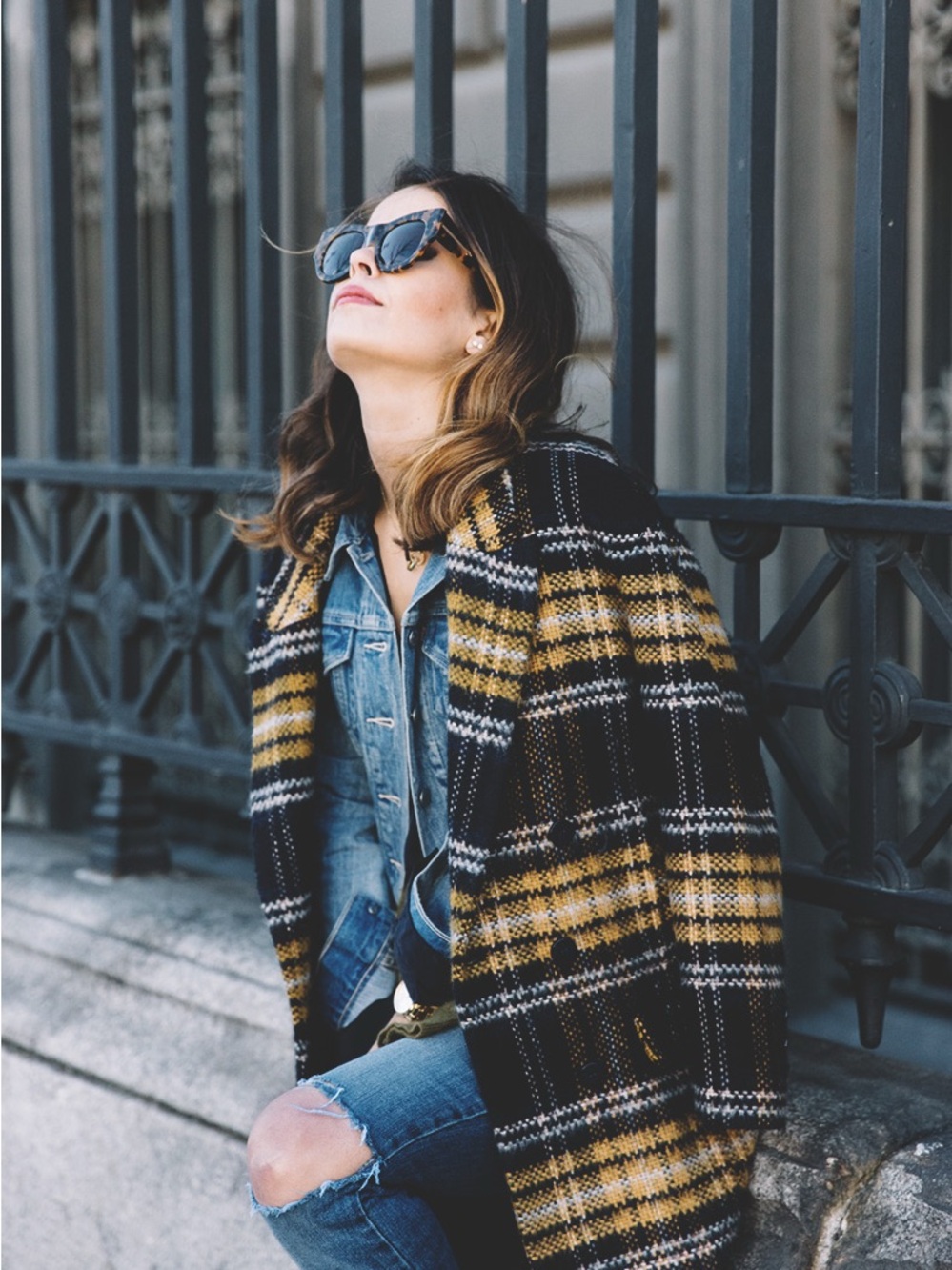 Zara Black and Mustard Plaid Double-Breasted oversized Coat. Size M